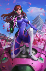 Rule 34 | 1girl, animal print, architecture, bodysuit, breasts, brown eyes, brown hair, cherry blossoms, copyright name, d.va (overwatch), day, east asian architecture, emblem, facial mark, gloves, gun, handgun, headphones, high collar, highres, holding, holding gun, holding weapon, laser, laser pointer projection, laser sight, lips, logo, long hair, looking at viewer, mecha, medium breasts, meka (overwatch), overwatch, overwatch 1, petals, pointing, rabbit, rabbit print, robot, skin tight, solo, symbol-shaped pupils, weapon, whisker markings, white gloves