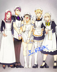Rule 34 | 5boys, agravain (fate), alternate costume, apron, apron pull, bad id, bad pixiv id, bedivere (fate), black hair, blonde hair, blush, changye, clothes pull, crossdressing, dress, embarrassed, enmaided, facepalm, fate/grand order, fate (series), frilled apron, frills, gawain (fate), green eyes, knights of the round table (fate), lancelot (fate/grand order), long dress, long skirt, maid, maid headdress, miniskirt, multiple boys, naked apron, pantyhose, purple hair, red hair, skirt, thighhighs, tristan (fate)