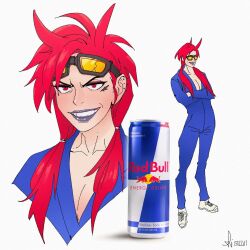 Rule 34 | 1girl, blue bodysuit, bodysuit, can, collarbone, commentary, crossed arms, demon horns, ear piercing, english commentary, eyewear on head, highres, horns, lipstick, long hair, makeup, multiple views, original, parted lips, personification, piercing, product placement, purple lips, red bull, red hair, signature, sillvi, simple background, smile, standing, teeth, twintails, white background, white footwear