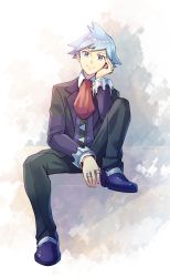 Rule 34 | 1boy, black pants, blue eyes, blue hair, commentary request, creatures (company), full body, game freak, hand on own face, jewelry, leg up, long sleeves, looking at viewer, male focus, necktie, nintendo, pants, pokemon, pokemon oras, red necktie, ring, short hair, sitting, smile, solo, steven stone, vest, zeroki (izuno)