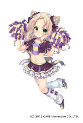 Rule 34 | 1girl, arms up, blush, bow, breasts, brown ribbon, cheerleader, closed mouth, collarbone, commentary request, crop top, frilled skirt, frills, full body, gothic wa mahou otome, green eyes, hair intakes, hair ornament, hair ribbon, hair scrunchie, holding, leg warmers, light brown hair, long hair, looking at viewer, midriff, nachiru, navel, official art, pleated skirt, pom pom (cheerleading), purple bow, purple footwear, purple ribbon, purple scrunchie, purple shirt, purple skirt, ribbon, scrunchie, shirt, shoes, short sleeves, sidelocks, simple background, skirt, small breasts, smile, sneakers, solo, striped bow, striped ribbon, very long hair, white background, white legwear