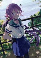 Rule 34 | 1girl, absurdres, akebono (kancolle), bell, black gloves, black thighhighs, blue skirt, blurry, blurry background, bonozako, cowboy shot, flower, gloves, hair bell, hair between eyes, hair flower, hair ornament, hand on own hip, highres, kantai collection, long hair, looking at viewer, ocean, outdoors, purple eyes, purple hair, sailor collar, school uniform, shirt, short sleeves, side ponytail, signature, skirt, solo, thighhighs, tree, white shirt