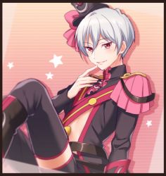 Rule 34 | 10s, 1boy, arm support, bad id, bad pixiv id, beppu akihiko, binan koukou chikyuu bouei-bu love!, black border, border, dutch angle, epaulettes, finger to mouth, hat, looking at viewer, male focus, midriff, mini hat, mini top hat, moon (ornament), parted lips, patterned background, pink background, red eyes, silver hair, solo, thighhighs, top hat, tsuchiya (1315444)