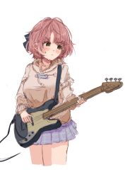 Rule 34 | absurdres, bass guitar, black bow, black eyes, blue skirt, blush, bow, brown hair, closed mouth, cowboy shot, cropped legs, go travelalone, hair bow, highres, holding, holding instrument, hood, hoodie, idolmaster, idolmaster shiny colors, ikuta haruki, instrument, pleated skirt, short hair, simple background, sketch, skirt, sweat, white background, yellow hoodie