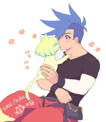 Rule 34 | 1boy, 2021, :3, animal, animalization, artist name, ascot, belt, black shirt, blue eyes, blue hair, blush, cat, cat day, closed eyes, commentary request, dated, flower (symbol), galo thymos, green cat, green hair, highres, holding, holding animal, holding cat, kome 1022, licking, licking another&#039;s face, lio fotia, male focus, mohawk, pants, promare, puffy pants, red pants, shirt, side cut, sidelocks, simple background, t-shirt, tongue, tongue out, translated, white ascot, white background, wristband