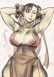 Rule 34 | 1girl, arms behind head, bracelet, breasts, capcom, chinese clothes, chun-li, cleavage, japanese text, jewelry, kishizuka kenji, large breasts, smile, spiked bracelet, spikes, street fighter