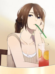 Rule 34 | 1girl, bendy straw, breasts, brown hair, chair, head rest, cleavage, collarbone, cup, drink, drinking glass, drinking straw, hand on own cheek, hand on own face, mattaku mousuke, original, ponytail, sitting, small breasts, solo