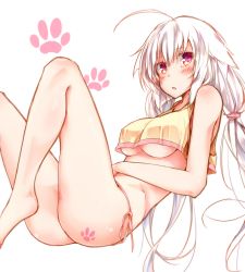 Rule 34 | 1girl, :o, ahoge, ass, bare arms, bare shoulders, blush, breasts, commentary request, covered erect nipples, crop top, knees up, legs, long hair, looking at viewer, low twintails, medium breasts, open mouth, original, panties, parted lips, paw print, paw tattoo, reclining, rinrin (927413), shiro (rinrin), shirt, side-tie panties, simple background, sleeveless, sleeveless shirt, solo, tattoo, thighs, twintails, underboob, underwear, white background, yellow shirt
