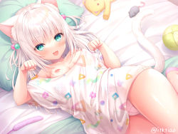 Rule 34 | 1girl, animal ear fluff, animal ears, bed sheet, breasts, cat ears, cat girl, cat tail, highres, itsuki jun, looking at viewer, lying, nipples, on back, open mouth, original, pajamas, panties, pillow, small breasts, smile, solo, stuffed animal, stuffed toy, tail, thighs, twitter username, underwear, white hair, white pajamas, white panties