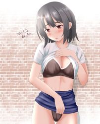 Rule 34 | 1girl, alternate costume, ame-san, black bra, black hair, black panties, blue skirt, bra, breasts, brick wall, cleavage, clothes lift, commentary request, dated, frilled bra, frills, highres, kantai collection, medium breasts, one-hour drawing challenge, panties, pencil skirt, red eyes, shirt, shirt lift, short hair, short sleeves, skirt, skirt lift, solo, takao (kancolle), twitter username, underwear, white shirt