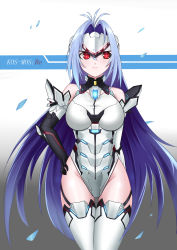 Rule 34 | 1girl, absurdres, android, bare shoulders, blue hair, breasts, elbow gloves, expressionless, forehead protector, gloves, highres, kos-mos, kos-mos re:, large breasts, leotard, long hair, looking at viewer, mecha musume, nintendo, red eyes, solo, standing, thighhighs, thighs, very long hair, white leotard, xenoblade chronicles (series), xenoblade chronicles 2, xenoblade chronicles (series), xenoblade chronicles 2, xenosaga
