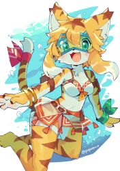 Rule 34 | 1girl, :3, animal ears, bikini, blonde hair, bubble, fang, female focus, furry, furry female, goggles, highres, mia (world flipper), multicolored hair, open mouth, po! (popoemo), ribbon, sidelocks, skin fang, solo, swimming, swimsuit, tail, tail ornament, tail ribbon, thigh strap, tiger ears, tiger tail, twitter username, underwater, white fur, white hair, world flipper, yellow fur