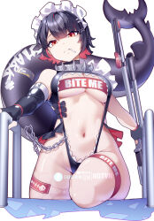 1girl black_gloves black_hair breasts candy colored_inner_hair elbow_gloves ellen_joe fins fish_tail food food_in_mouth gloves hot_vr lollipop looking_at_viewer maid_headdress mole mole_under_eye multicolored_hair navel red_eyes red_hair scar scar_on_tail shark_girl shark_tail short_hair solo stomach swimsuit tail two-tone_hair underboob zenless_zone_zero