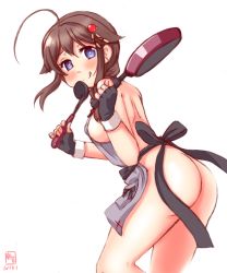 Rule 34 | 10s, 1girl, :q, ahoge, apron, ass, black gloves, black hair, blue eyes, braid, breasts, commentary request, dated, fingerless gloves, frying pan, gloves, hair flaps, hair ornament, heart, heart-shaped pupils, highres, holding, jewelry, kanon (kurogane knights), kantai collection, ladle, leaning forward, long hair, looking at viewer, naked apron, no bra, no panties, ring, shigure (kancolle), shigure kai ni (kancolle), shinkon santaku, sideboob, simple background, single braid, sketcj, solo, symbol-shaped pupils, tongue, tongue out, wedding band, white background