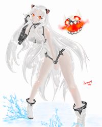 Rule 34 | 10s, 1girl, absurdres, abyssal ship, airfield princess, ankle boots, annimeone7, bare shoulders, boots, breasts, colored skin, covered erect nipples, floating fortress (kancolle), highres, horns, kantai collection, leotard, long hair, looking at viewer, orange eyes, self-upload, simple background, smile, solo, standing, water, white background, white footwear, white hair, white skin