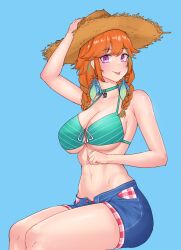 Rule 34 | 1girl, :p, arm up, blue background, braid, breasts, choker, denim, denim shorts, earrings, feather earrings, feathers, hat, highres, hololive, hololive english, jewelry, large breasts, looking at viewer, multicolored hair, navel, orange hair, pink eyes, ranox, shorts, simple background, sitting, solo, stomach, straw hat, streaked hair, takanashi kiara, takanashi kiara (casual), thighs, tongue, tongue out, twin braids, virtual youtuber