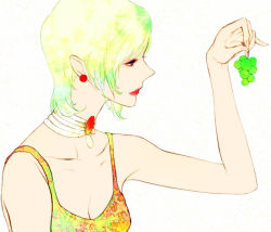 Rule 34 | 00s, 1girl, character request, collarbone, earrings, egawa satsuki, eugenie danglars (gankutsuou), face, food, fruit, gankutsuou, grapes, holding, holding food, holding fruit, jewelry, short hair, solo