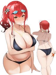Rule 34 | 1girl, absurdres, afpl (parrotz4), animal, ass, azur lane, back, bikini, black bikini, breast hold, breasts, goggles, goggles on head, highres, large breasts, looking at viewer, navel, orange eyes, red hair, solo, starfish, swimsuit, thighs, white background