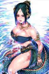 Rule 34 | 1girl, afloat, anuttsuii, armlet, bandeau, black eyes, black hair, bracelet, breasts, chinese zodiac, cleavage, dragon girl, dragon tail, ear ornament, earrings, facial mark, forehead mark, hair bun, hair ornament, highres, jewelry, large breasts, looking at viewer, midriff, neck ring, new year, original, side slit, skirt, solo, tail, tattoo, thick thighs, thighs, year of the dragon