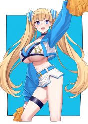 Rule 34 | 1girl, arm up, belt, black choker, blonde hair, blue belt, blue panties, blunt bangs, blush, bow, breasts, cheerleader, choker, cleavage, collarbone, cowboy shot, cropped jacket, earrings, hair bow, hair ornament, highres, huge breasts, jacket, jewelry, lina (michihasu), long hair, looking at viewer, michihasu, miniskirt, multicolored clothes, multicolored eyes, multicolored jacket, navel, original, panties, pantyshot, pom pom (cheerleading), sidelocks, skindentation, skirt, smile, solo, star (symbol), star earrings, striped, thigh strap, twintails, underboob, underwear, very long hair, yellow pom poms