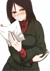 Rule 34 | 10s, 1girl, arm grab, black hair, black skirt, blue eyes, blush, chikiso, closed mouth, emblem, girls und panzer, green jacket, holding, jacket, light frown, long hair, long sleeves, looking at viewer, nonna (girls und panzer), paper, pleated skirt, pravda school uniform, red shirt, school uniform, shirt, simple background, skirt, solo, standing, swept bangs, turtleneck, upper body, white background