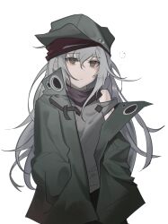 Rule 34 | 1girl, absurdres, brown eyes, cizzi, closed mouth, g11 (girls&#039; frontline), girls&#039; frontline, green hat, green jacket, grey hair, grey shirt, hair between eyes, hands in pockets, hat, highres, jacket, long hair, messy hair, open clothes, open jacket, purple scarf, scarf, shirt, simple background, sleepy, solo, standing, tears, white background