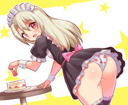 Rule 34 | 1girl, alternate costume, ass, back bow, black dress, black thighhighs, blush, bow, cake, cake slice, commentary, commission, cougar (cougar1404), cowboy shot, crotch seam, dress, english commentary, enmaided, fate/kaleid liner prisma illya, fate (series), food, food print, frilled sleeves, frilled thighhighs, frills, from behind, frown, fruit, grey hair, illyasviel von einzbern, leaning forward, long hair, looking at viewer, looking back, maid, maid headdress, microdress, mixed-language commentary, open mouth, panties, pantyshot, pink bow, print panties, red eyes, short sleeves, skeb commission, solo, standing, star (symbol), starry background, strawberry, strawberry panties, strawberry print, sweatdrop, thighhighs, underwear, wedgie, white panties, wrist cuffs, yellow background