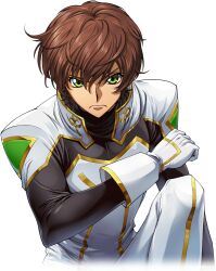 Rule 34 | 1boy, arm at side, artist request, bodysuit, brown hair, clenched hand, closed mouth, code geass, code geass: lost stories, game cg, gloves, gold trim, green eyes, hand up, kururugi suzaku, leaning forward, looking at viewer, male focus, non-web source, official art, on one knee, serious, short hair, sidelocks, simple background, solo, transparent background, v-shaped eyebrows, white bodysuit, white gloves