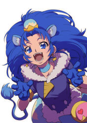 Rule 34 | 10s, 1girl, :d, animal ears, blue choker, blue eyes, blue gloves, blue hair, cat ears, cat tail, choker, cure gelato, earrings, gloves, jewelry, kirakira precure a la mode, lion ears, lion tail, long hair, looking at viewer, magical girl, open mouth, precure, simple background, smile, solo, tail, tategami aoi, uyoshi, white background