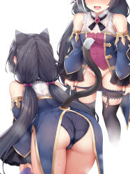 Rule 34 | 1girl, absurdres, animal ears, ass, bent over, black bra, black hair, black thighhighs, blush, bow, bra, breasts, brooch, cat ears, cat girl, cat tail, clothing cutout, convenient censoring, cropped legs, detached sleeves, dombear, frilled sleeves, frills, gem, groin, hair bow, head out of frame, heavy breathing, highres, jewelry, karyl (princess connect!), long hair, long sleeves, low twintails, multicolored clothes, multicolored hair, multiple views, open mouth, princess connect!, purple bow, purple gemstone, see-through, simple background, small breasts, standing, streaked hair, sweat, tail, tail censor, tail through clothes, thigh strap, thighhighs, trefoil, twintails, underwear, undressing, very long hair, wet, wet clothes, wet hair, white background, white hair