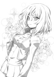 Rule 34 | 1girl, bc freedom military uniform, bob (you-u-kai), flower, girls und panzer, greyscale, high collar, jacket, leaf, long sleeves, looking at viewer, medium hair, messy hair, monochrome, oshida (girls und panzer), pleated skirt, simple background, skirt, smile, solo, sparkle, standing, star (symbol), thighs, vest