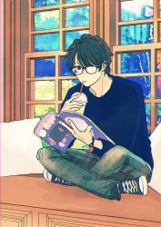 Rule 34 | 1boy, black-framed eyewear, black hair, brown eyes, crossed legs, cup, disposable cup, drinking straw, highres, indoors, magazine (object), male focus, original, pillow, shoes, sitting, sneakers, solo, ueno haruki, watch, window, wristwatch