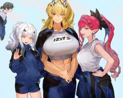 Rule 34 | 1boy, 3girls, abs, baobhan sith (fate), barghest (fate), black hair, blonde hair, breasts, character request, closed mouth, crop top, earrings, fate/grand order, fate (series), gym uniform, hair ornament, hairclip, hand on own hip, height difference, heterochromia, high ponytail, jacket, jacket on shoulders, jewelry, kibadori rue, large breasts, long hair, looking at viewer, melusine (fate), multiple girls, navel, oberon (fate), open mouth, own hands together, pink hair, shirt, sidelocks, single sidelock, sleeves rolled up, smile, standing, tied sweater, track jacket, track suit, white hair, white shirt, x hair ornament