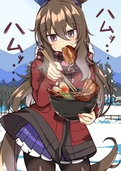 Rule 34 | 1girl, admire vega (umamusume), animal ears, black pantyhose, bowl, brown hair, chopsticks, clear sky, coat, coat lift, commentary, cowboy shot, day, ear covers, eating, food, food in mouth, forest, fringe trim, highres, holding, holding bowl, holding chopsticks, horse ears, horse girl, horse tail, long hair, long sleeves, looking at viewer, meat, miniskirt, mountainous horizon, mouth hold, nature, noodles, outdoors, pantyhose, pink scarf, plaid, plaid scarf, pleated skirt, purple eyes, purple skirt, ramen, red coat, scarf, school uniform, single ear cover, skirt, sky, snow, solo, standing, steam, sweat, tail, tracen school uniform, translated, umamusume, wahiko (black bastard), wind, wind lift, winter