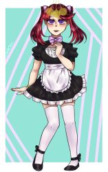 Rule 34 | 1girl, akaba ray, akaba rei, ankle bow, ankle ribbon, bow, bracelet, empty eyes, flats, hypnosis, jewelry, leg ribbon, maid, mind control, neckerchief, open mouth, purple eyes, ribbon, thighhighs, twintails, yu-gi-oh!