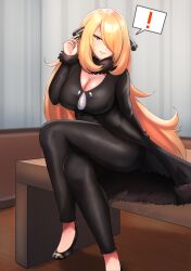 Rule 34 | !, 1girl, absurdres, arm behind back, black coat, blonde hair, breasts, cleavage, coat, creatures (company), crossed legs, cynthia (pokemon), desk, foot out of frame, fur collar, fur trim, game freak, grey eyes, hair ornament, hair over one eye, hand up, highres, large breasts, long hair, nintendo, on desk, parted lips, pokemon, pokemon dppt, sitting, on desk, solo, spoken exclamation mark, taut clothes, taut pants, thighs, very long hair, zet (twt zet)