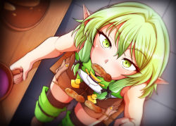 Rule 34 | 1girl, black bow, black thighhighs, blurry, blush, bow, brown shorts, danut, elf, eyelashes, food, food in mouth, foreshortening, from above, goblin slayer!, green eyes, green hair, green shirt, hair between eyes, hair bow, hand up, high elf archer (goblin slayer!), holding, holding skewer, looking at viewer, looking up, medium hair, mouth hold, pointy ears, shirt, short shorts, shorts, sidelocks, sitting, skewer, sleeveless, sleeveless shirt, solo, table, thighhighs, thighs, tile floor, tiles, wooden stool, wooden table