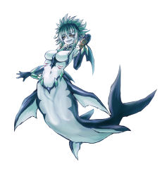 Rule 34 | 1girl, absurdres, bare shoulders, black gloves, black sclera, breasts, collar, colored sclera, elbow gloves, fins, full body, gills, gloves, green hair, grin, head fins, highres, holding, imageboard desourced, large breasts, long hair, looking at viewer, mermaid, mershark (monster girl encyclopedia), monster girl, monster girl encyclopedia, navel, non-web source, shark, shark girl, sharp teeth, simple background, smile, solo, spiked hair, sud (sudea), teeth, webbed hands, white background, yellow eyes