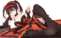 Rule 34 | 1girl, bare shoulders, blush, breasts, brown hair, brown thighhighs, cait aron, closed mouth, commentary request, date a live, dress, feet, feet together, garter straps, hair between eyes, heterochromia, highres, knees apart feet together, looking at viewer, lying, medium breasts, multicolored clothes, multicolored dress, no shoes, on side, red eyes, short hair, smile, soles, solo, spread legs, thighhighs, toes, tokisaki kurumi, twintails, white background, yellow eyes