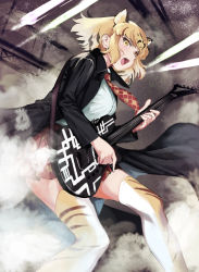 Rule 34 | 10s, 1girl, animal ears, animal print, black coat, black hair, blonde hair, coat, collared coat, commentary request, extra ears, guitar, highres, holding, holding instrument, instrument, kemono friends, long sleeves, looking afar, medium hair, multicolored hair, music, necktie, open clothes, open coat, open mouth, plaid, plaid necktie, plaid neckwear, plaid skirt, playing instrument, print thighhighs, shiba (siva ryo), shirt, sidelocks, skirt, solo, stage, standing, steam, thighhighs, tiger (kemono friends), tiger ears, tiger print, two-tone hair, white shirt, yellow eyes, zettai ryouiki