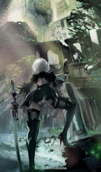 Rule 34 | 1boy, 1girl, back cutout, black dress, black hairband, boots, clothing cutout, dress, drone, feather-trimmed sleeves, feather trim, from behind, hairband, high heel boots, high heels, highres, juliet sleeves, katana, leotard, long sleeves, maeshima shigeki, nier (series), nier:automata, pod (nier:automata), puffy sleeves, robot, ruins, shorts, silver hair, sword, thighhighs, thighhighs under boots, vambraces, weapon, white leotard, 2b (nier:automata), 9s (nier:automata)