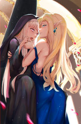 Rule 34 | 2girls, absurdres, ass, backless dress, backless outfit, bare shoulders, black cloak, blonde hair, blue dress, blurry, blurry background, check copyright, cloak, copyright request, dress, earrings, from below, from side, green eyes, habit, hand on another&#039;s chin, hand up, highres, jewelry, long dress, long hair, long sleeves, looking at another, multiple girls, nun, open mouth, original, parted lips, pink eyes, pointy ears, profile, strap slip, teeth, tongue, upper teeth only, wide sleeves, wo chi xiangjiao pi, yuri