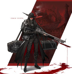 Rule 34 | 1boy, absurdres, armor, bayonet, belt, black coat, black footwear, black hair, black hat, black pants, blood, blood on ground, bloody weapon, book, boots, chain, cigarette, coat, coffin, commentary, dated commentary, english commentary, english text, fingerless gloves, full body, glasses, gloves, gun, hat, highres, holding, holding weapon, jewelry, kalle21, long hair, necklace, original, pants, pump action, shotgun, shoulder armor, smoke, smoking, solo, very long hair, weapon