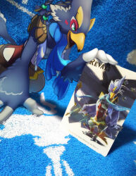 Rule 34 | 1boy, all fours, beak, bird boy, bird tail, blue background, blue fur, blue hair, blue scarf, blue theme, body fur, braid, character name, copyright name, english text, furry, furry male, green eyes, hair tie, hand up, happy, highres, male focus, nintendo, official art inset, open mouth, photo background, revali, rito, scarf, short hair, shoulder pads, smile, solo, tail, the legend of zelda, the legend of zelda: breath of the wild, two-tone fur, ukata, white fur, winged arms, wings