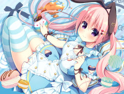 Rule 34 | 1girl, blue collar, blue dress, blue one-piece swimsuit, blush, bow, breasts, brown hairband, brown ribbon, closed mouth, clothing cutout, club hair ornament, collar, commentary request, detached collar, dress, food, frilled dress, frills, hair between eyes, hair ornament, hair ribbon, hairband, hairclip, hanamiya natsuka, hand up, heart, heart cutout, heart hair ornament, holding, holding teapot, large breasts, long hair, macaron, one-piece swimsuit, original, pink hair, puffy short sleeves, puffy sleeves, purple eyes, ribbon, roman numeral, school swimsuit, short sleeves, sidelocks, smile, solo, striped clothes, striped thighhighs, swimsuit, swimsuit under clothes, tea, teapot, thighhighs, twintails, very long hair, white bow