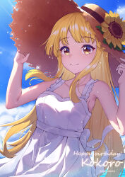 Rule 34 | 1girl, 2023, absurdres, bang dream!, bare arms, black ribbon, blonde hair, breasts, cleavage, closed mouth, collarbone, dated, day, dress, flower, happy birthday, hat, hat flower, hat ribbon, highres, holding, holding clothes, holding hat, long hair, medium breasts, outdoors, ribbon, sleeveless, sleeveless dress, smile, solo, straight hair, straw hat, sun hat, sundress, tamago (pixiv67471038), tsurumaki kokoro, very long hair, white dress, yellow eyes, yellow flower