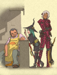 Rule 34 | 1girl, 2boys, apron, armor, character request, convenience store, dark-skinned male, dark skin, fantasy, green hair, grey hair, hat, multiple boys, one eye closed, original, red eyes, sandals, shop, simple background, sonjow4, staff, sword, thighhighs, weapon, white hair, witch hat