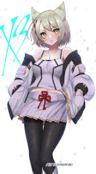 Rule 34 | 1girl, animal ear fluff, animal ears, black pantyhose, breasts, cat ears, chest jewel, duplicate, hands in pockets, highres, jacket, kamaniki, leggings, medium breasts, mio (xenoblade), open clothes, open jacket, pantyhose, pixel-perfect duplicate, red ribbon, ribbon, skirt, solo, tank top, white footwear, white hair, white jacket, white skirt, white tank top, xenoblade chronicles (series), xenoblade chronicles 3, yellow eyes