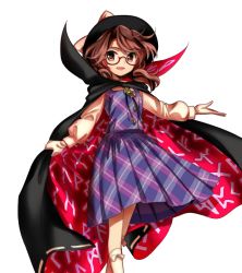 Rule 34 | 1girl, bow, brown eyes, brown hair, cape, clothes writing, glasses, harukawa moe, hat, hat bow, long sleeves, looking at viewer, official art, open mouth, plaid, plaid shirt, plaid skirt, shirt, short hair, skirt, socks, solo, touhou, transparent background, twintails, urban legend in limbo, usami sumireko