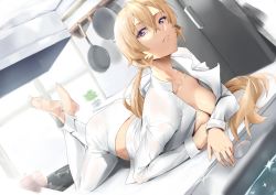 Rule 34 | 1girl, arm rest, barefoot, blonde hair, breasts, chef, cleavage, closed mouth, collarbone, commentary, crossed ankles, drawer, frown, frying pan, full body, hair between eyes, highres, kitchen, large breasts, long hair, long sleeves, looking at viewer, lying, midriff peek, nakiri erina, on counter, on stomach, open clothes, open shirt, pants, plant, ponytail, pot, potted plant, purple eyes, refrigerator, sebakanken, shirt, shokugeki no souma, sidelocks, solo, stove, unbuttoned, unbuttoned shirt, very long hair, white pants, white shirt